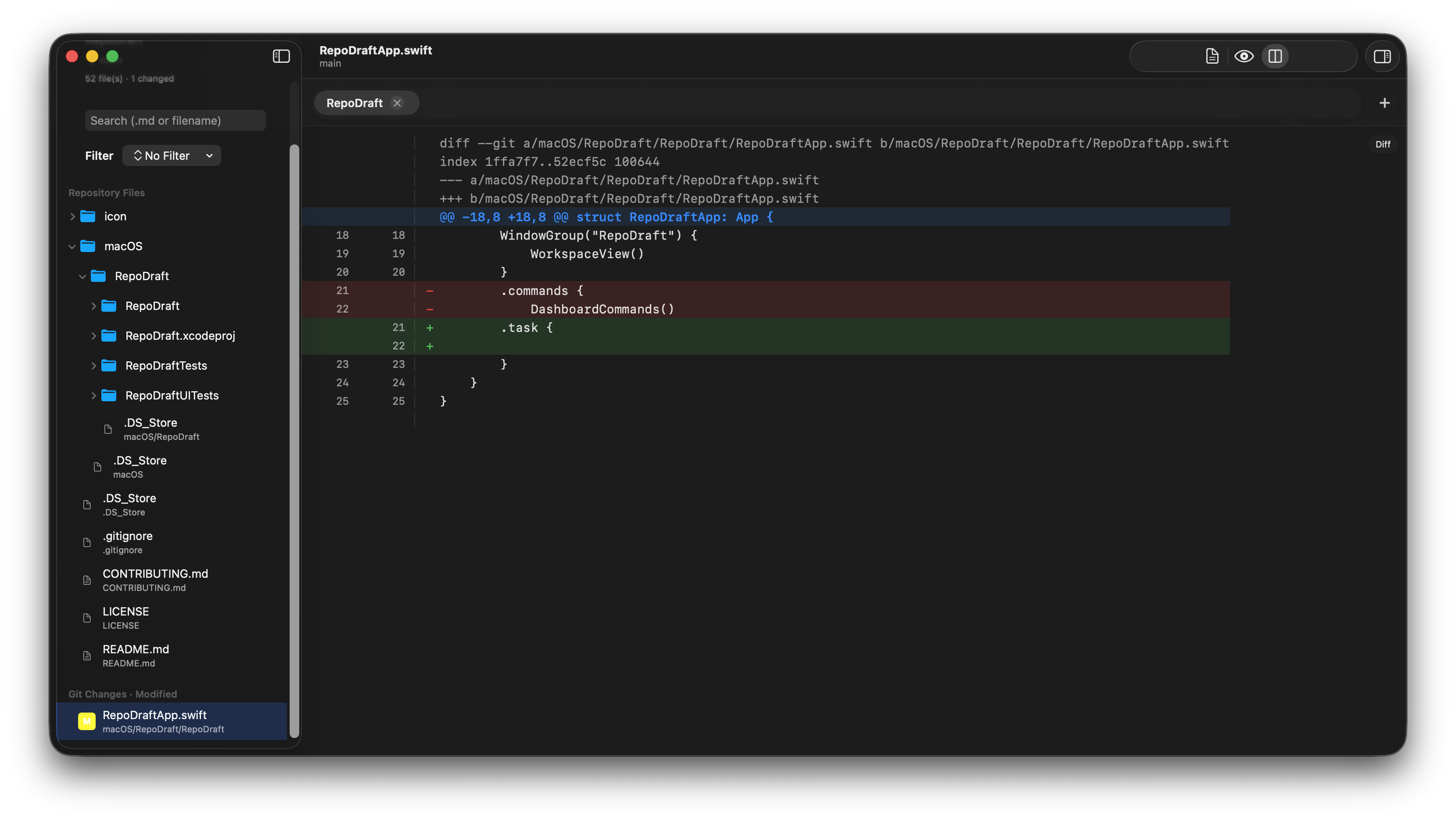 Dark-mode code diff view in RepoStudio